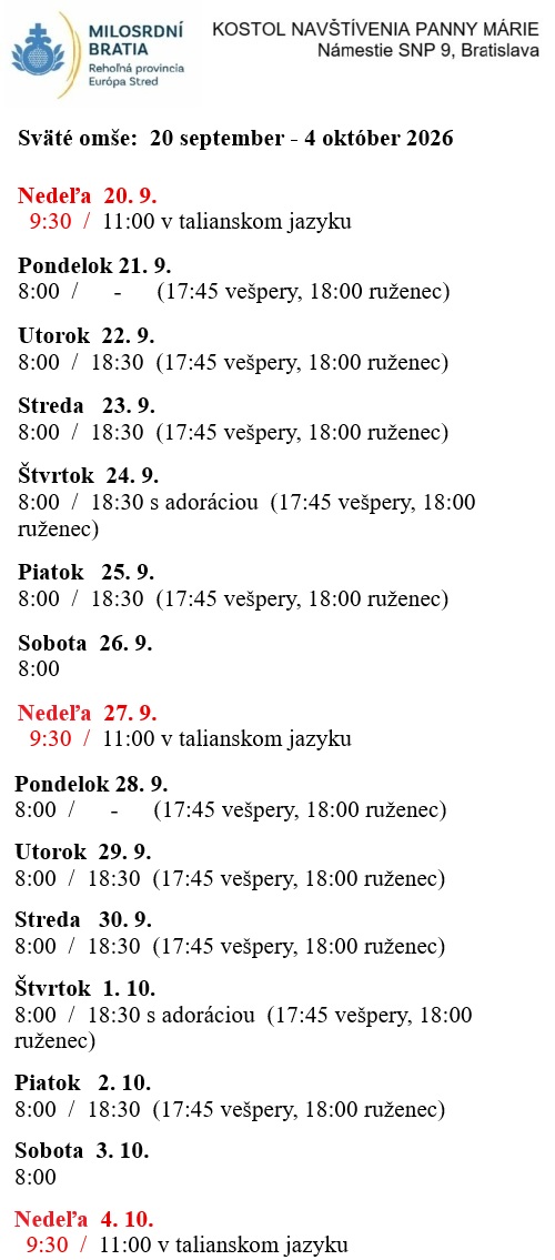 Sv. omše kostol OH od 20. 9. do 4. 10. 2026